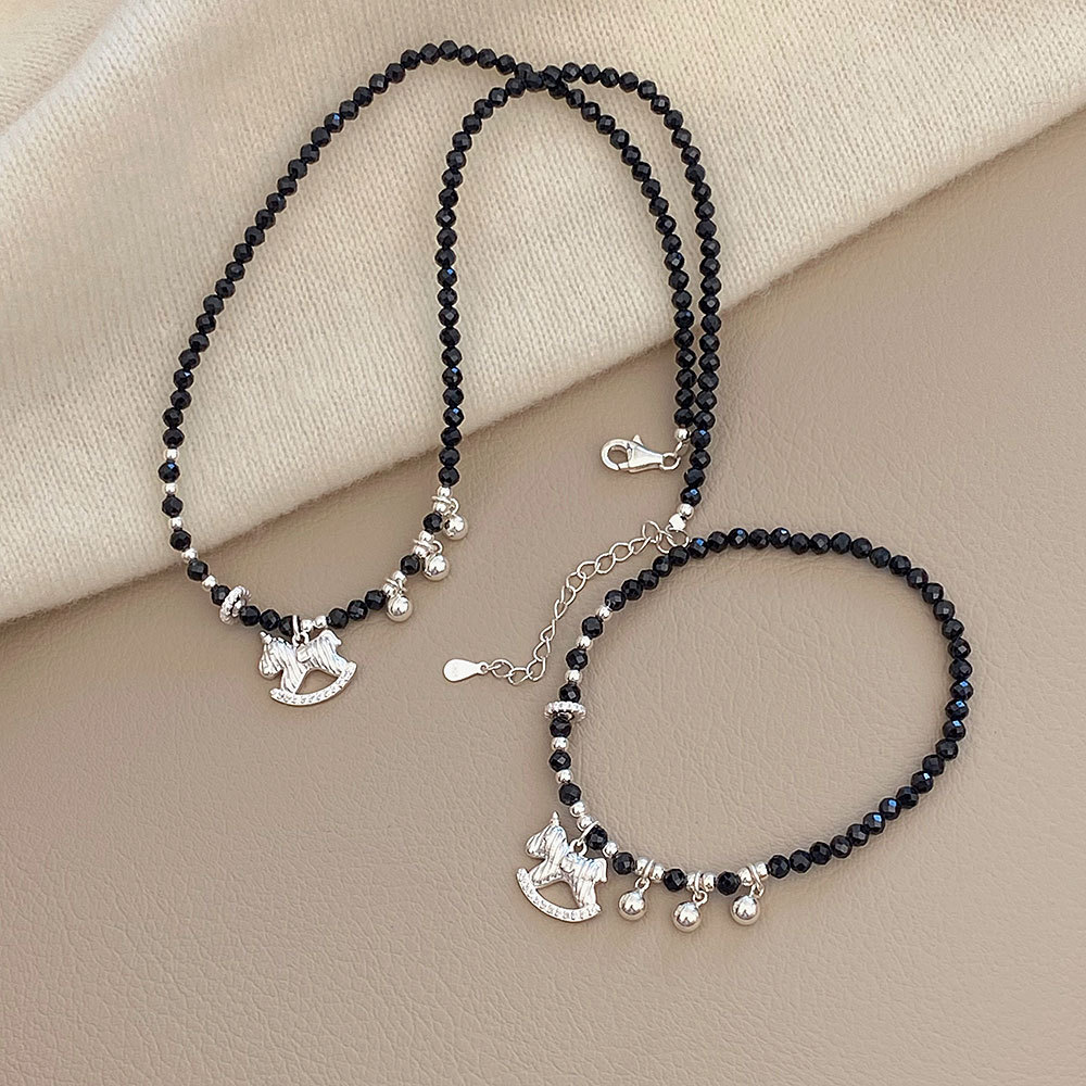 日本品质S925纯银黑尖晶木马项链高级感百搭ins甜美小众圆球流苏