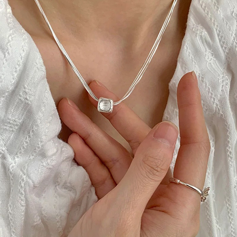 日本品质S925纯银拉丝方块多层蛇骨项链简约重工韩系高级感ins小