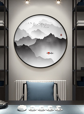 新中式装饰画禅意山水画玄关餐厅圆形挂画书房茶室背景墙客厅壁画