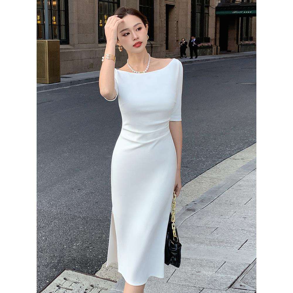 白色小礼服正式场合连衣裙女高级感宴会小白裙晚礼服简单大方裙子
