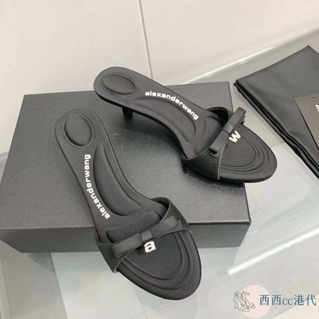 Alexander Wang/亚历山大王新款蝴蝶结缎面中跟凉鞋水钻字母拖鞋