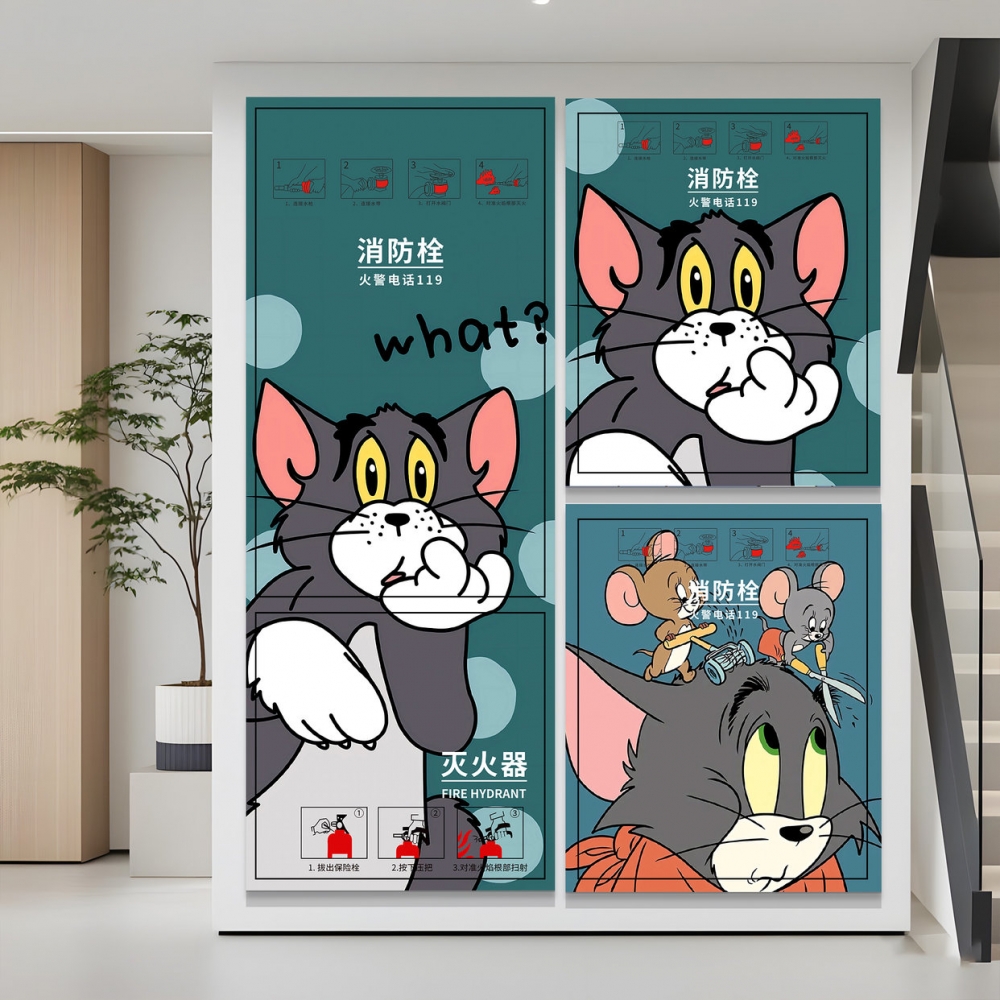 消防栓贴纸装饰遮挡灭火器美化自粘标识创意猫和老鼠贴纸海报贴纸