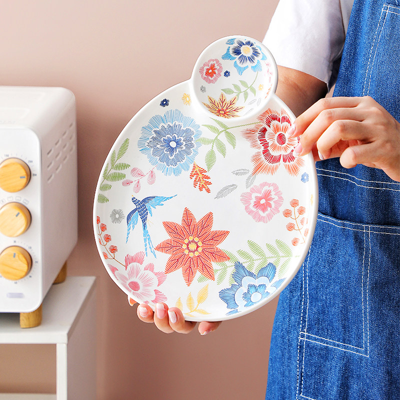 陶瓷刺绣餐具盘碗碟高颜值家用菜盘饺子盘深盘碟子手柄盘子米饭碗,餐饮具,盘,淘宝优惠券,粉丝福利购,淘宝优惠卷