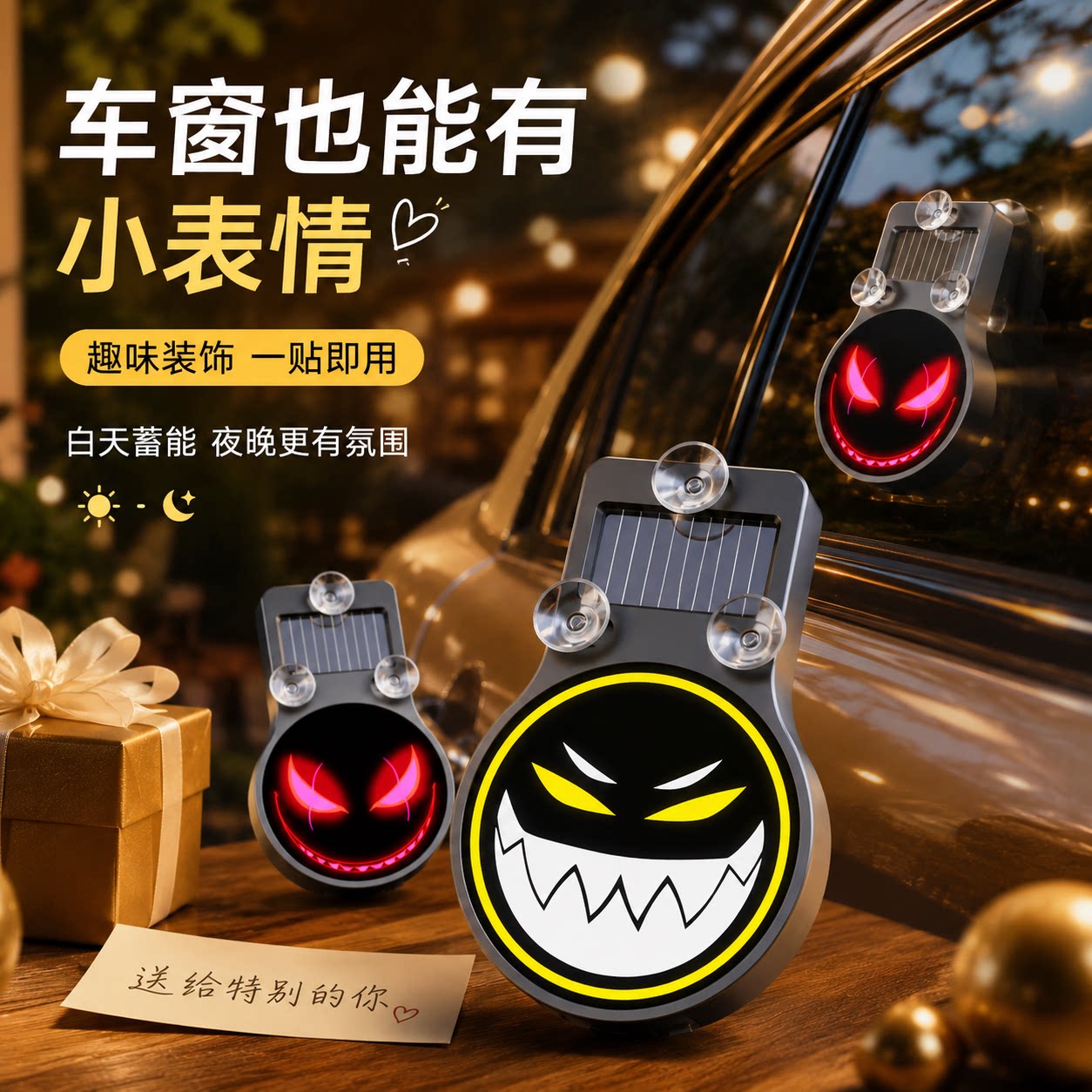 新款恶魔之眼LED灯车载3D动态太阳能灯氛围感灯装饰灯车窗玻璃灯
