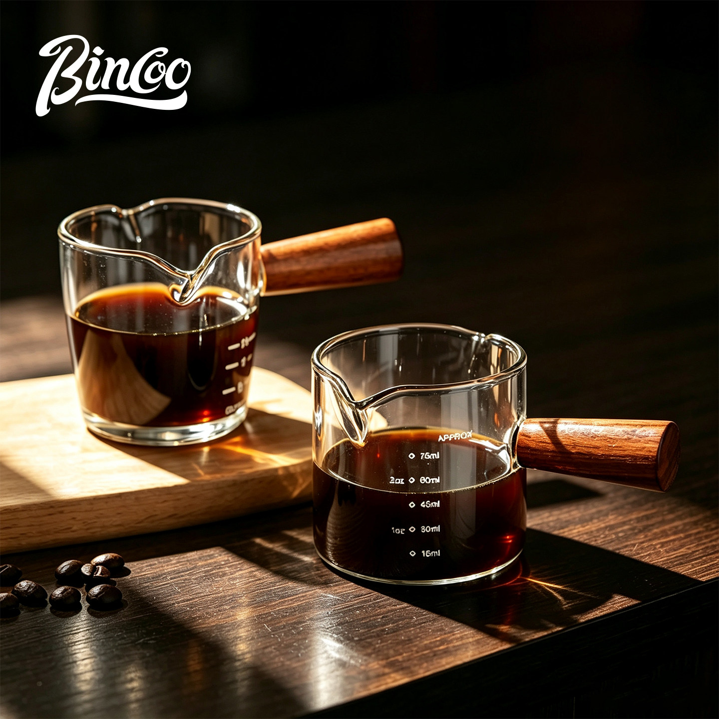 Bincoo意式咖啡萃取杯浓缩杯木柄小奶盅奶罐盎司杯带刻度玻璃量杯