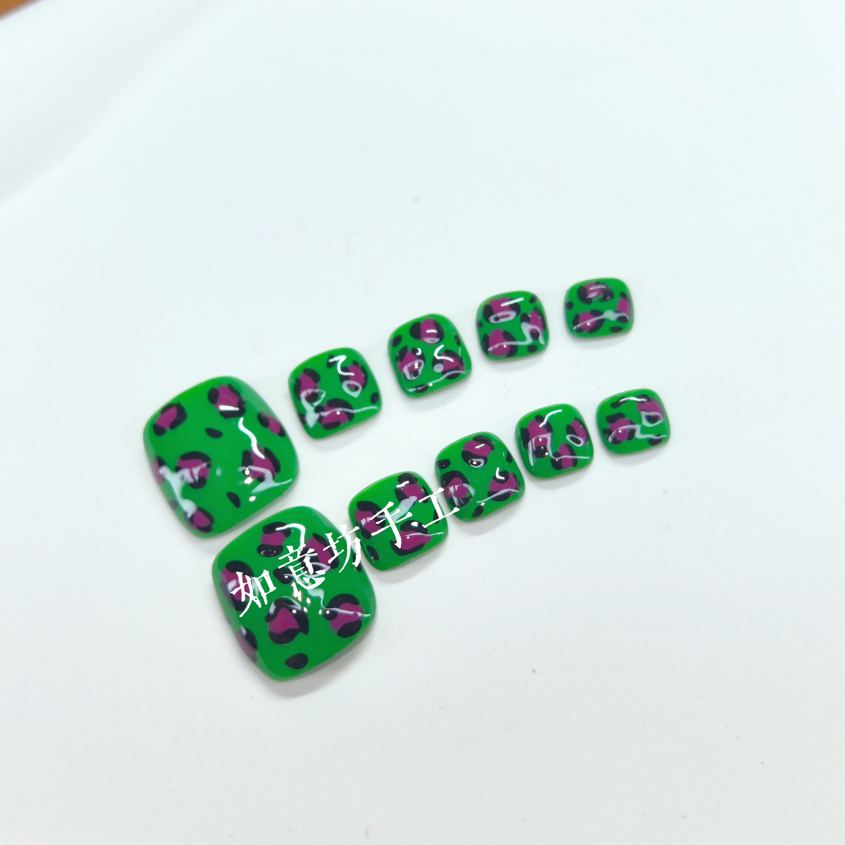 绿豹纹纯手工穿戴甲美甲贴片甜酷辣妹风豹纹脚趾美甲贴片脚指甲贴