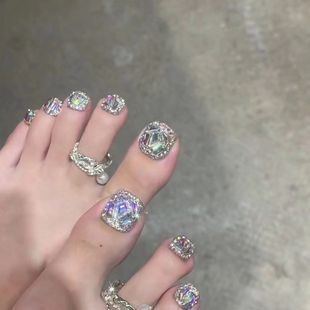 星际漫步 纯手工穿戴甲爆闪炫彩满钻脚指甲辣妹美甲贴片脚足甲ins