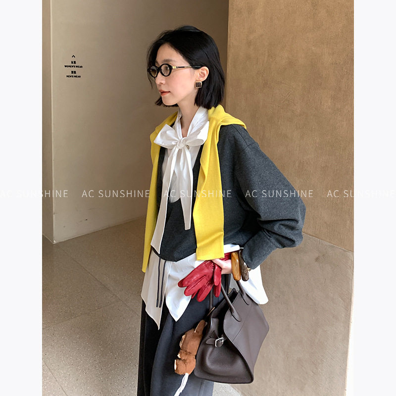 AC Sunshine天丝羊毛醋酸飘带蝴蝶结V字领衬衫女两件套上衣H19266