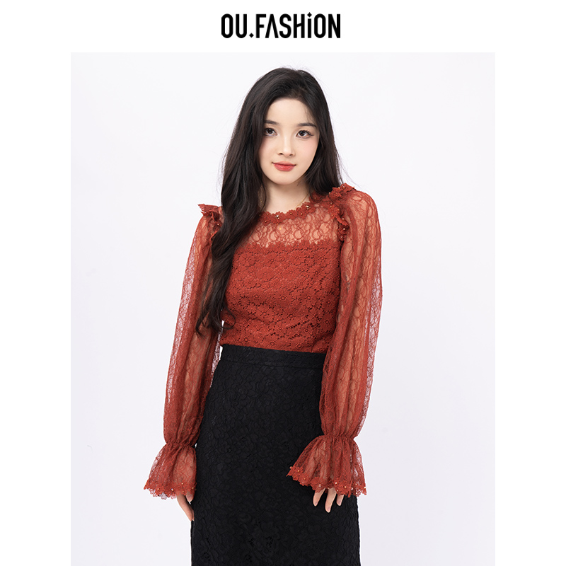 OU.FASHION/欧点立体花朵镂空蕾丝衫钉珠打底长袖上衣6032330460