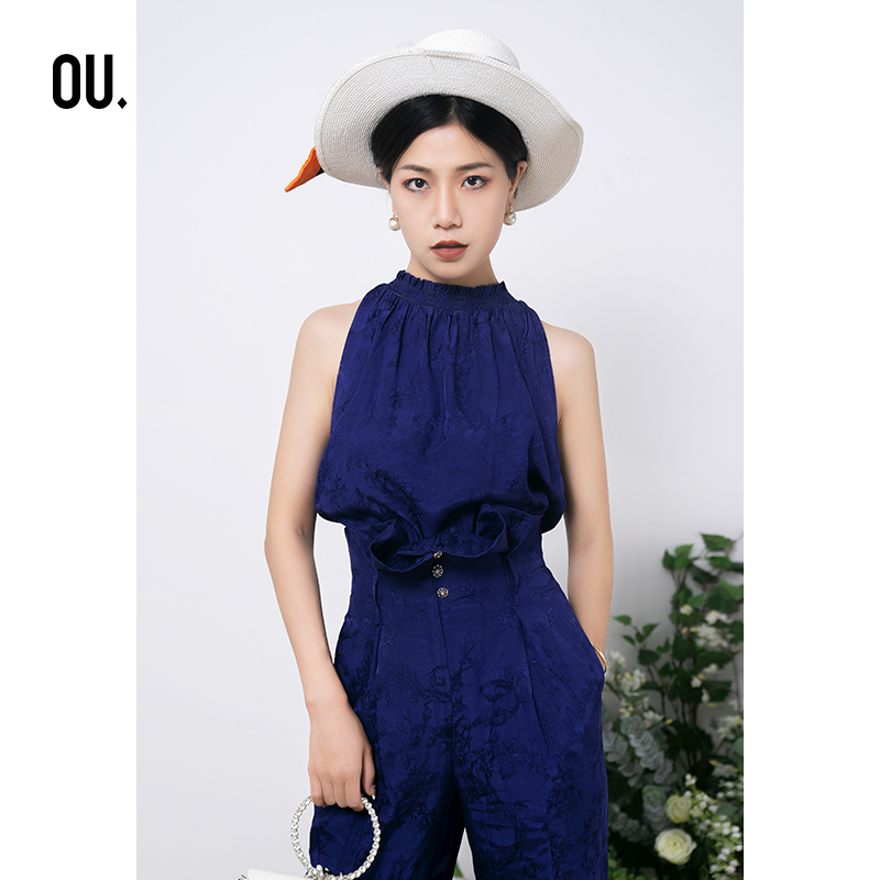 【商场同款】OU./欧点时尚气质设计感提花高领无袖上衣1202125052