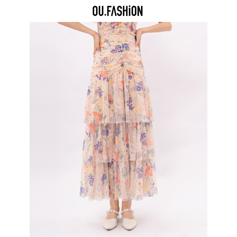 OU.FASHION/欧点法式碎花网纱蕾丝半身裙时尚高腰长裙6112320423