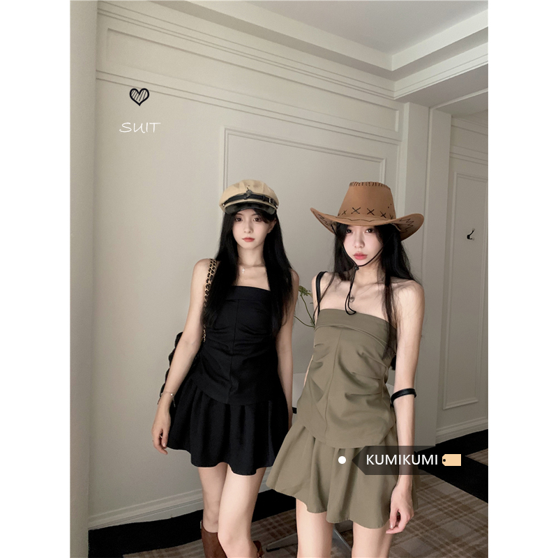 甜辣妹套装女小众设计感抹胸背心上衣夏季高腰P短裙半身裙子两件
