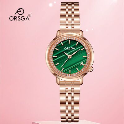 ORSGA翠绿女士手表时尚个性时尚潮流新款小绿表镶钻孔雀石英腕表