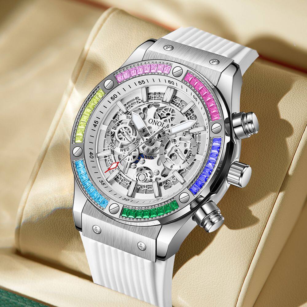 时尚爆款彩虹钻表onola/2024新款奥骆纳多功能石英手表男防水胶带