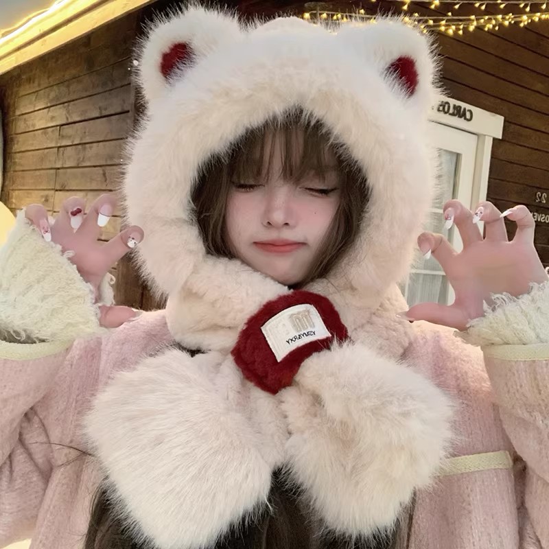 可爱小熊帽子围巾一体女新款冬季