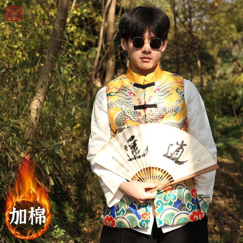 新中式马甲男款冬季加厚印花复古盘扣坎肩中国风唐装夹棉背心外套,男装,常规马甲,淘宝优惠券,粉丝福利购,淘宝优惠卷