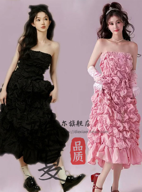 个人拍照衣服新款影楼孕妇主题服装可爱黑粉色少女X写真褶皱裙子