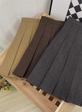 百褶裙秋冬女童20l23冬季毛呢灰色咖色7高腰加厚半身短裙半裙A字