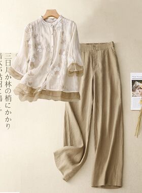 棉麻亚麻女士高端套装中国风妈妈夏装2024夏季新款苎麻上衣两件套