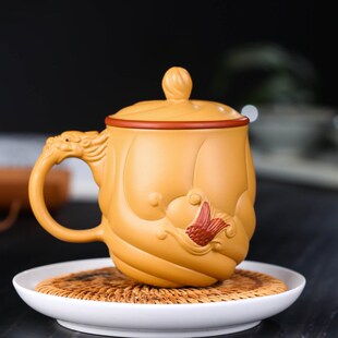 宜兴手工紫砂杯全纯段泥鱼化龙茶杯家用带盖男女士办公茶具水杯子