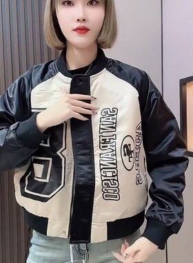 早春女高级e感美式复古绿色拼接棒球服女小个子洋气运动风短款外