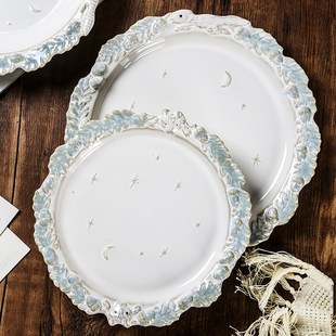 法式立体浮雕盘子家用菜盘米饭碗牛排意面盘水果盘深盘蛋糕甜品盘