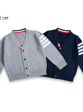 灰色洋气cV领长袖男童女毛衣儿童tb经典宝宝线针织开衫上衣秋外套