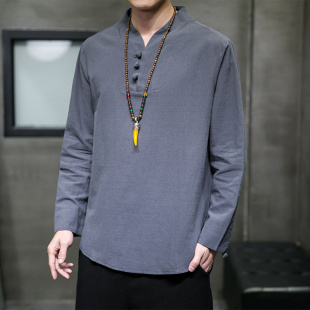古风改良汉服v领长袖T恤男中国风唐装盘扣禅服宽松春秋棉麻上衣服