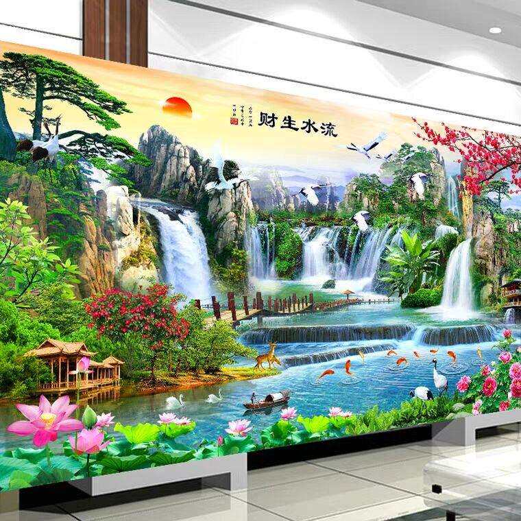 线绣自己绣手工十字绣新款客厅流水生财山水画风景迎客松大气工厂