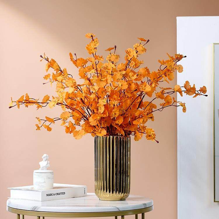 跳舞兰花高品质橙色假花客厅装饰花餐桌摆件干花束样板间摆设