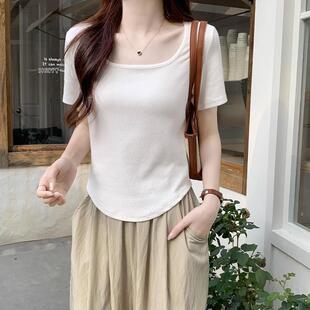 白色方领露锁骨正肩短袖T恤女夏季不规则下摆修身短款螺纹背心女