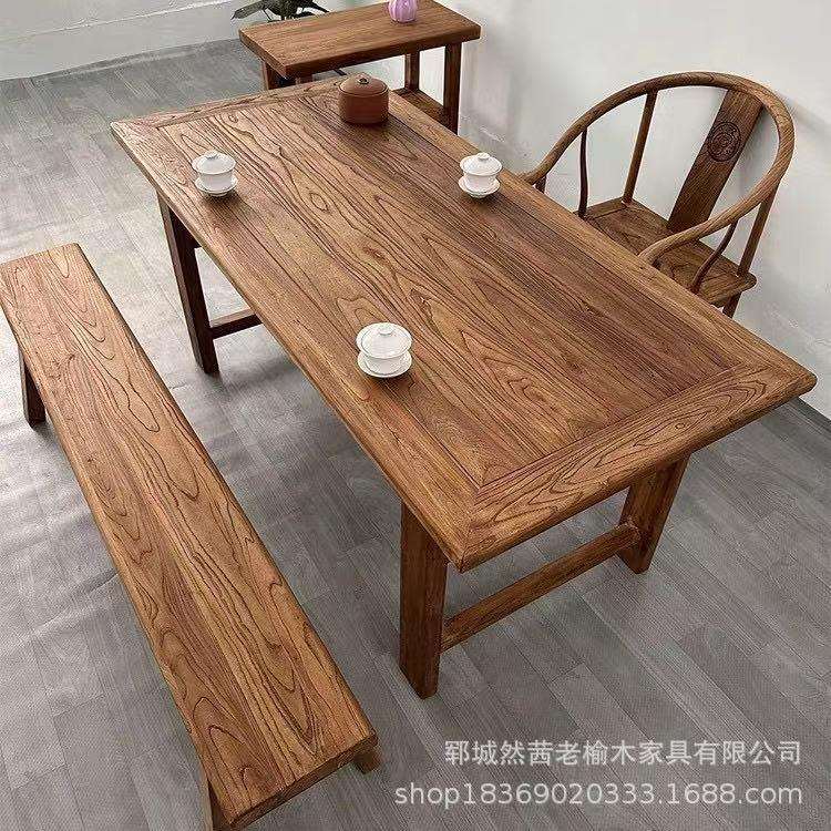 新中式老榆木茶桌客厅茶台实木长方形老门板餐桌办公桌椅原木书桌