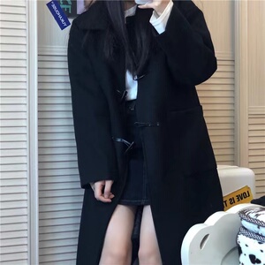QS牛角扣毛呢外套女2023年秋冬新款呢子大衣小个子高级感赫本风