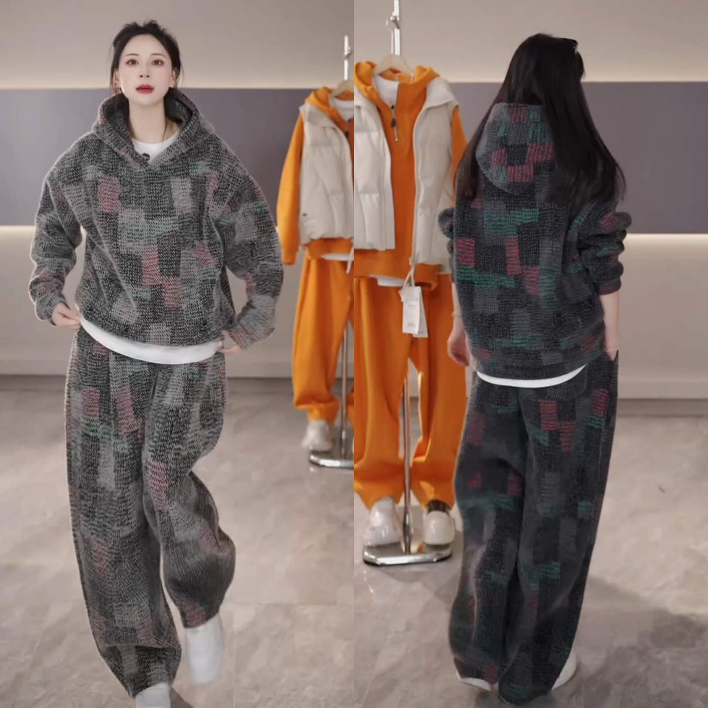 冬季男士撞色拼接高级感厚款保暖套装连帽卫衣直筒休闲裤两件套潮