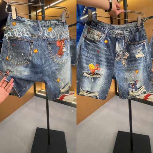 美式卡通设计重工刺绣牛仔短裤