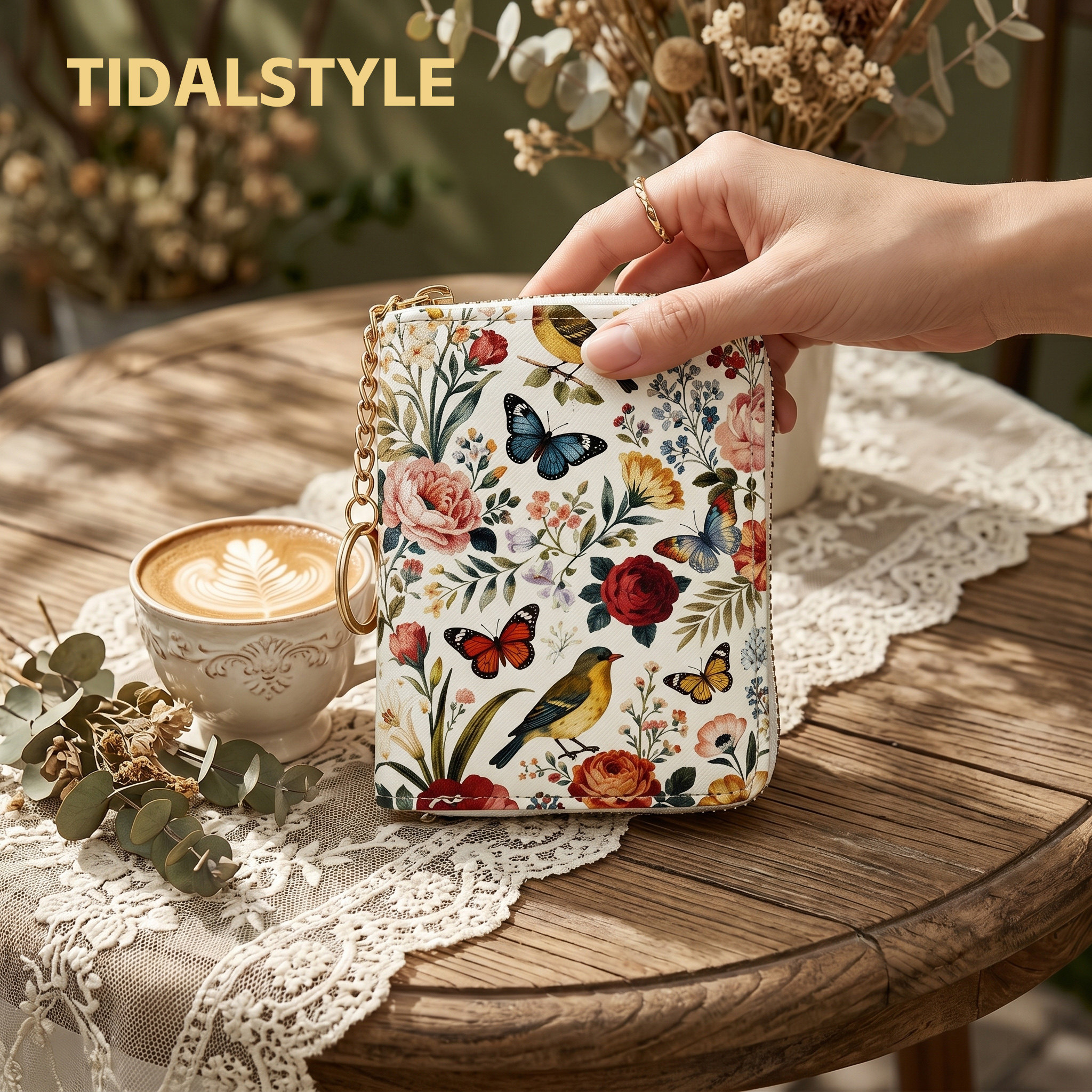 TIDALSTYLE花卉蝴蝶图案时尚小钱包女多卡位大容量证件卡包零钱包