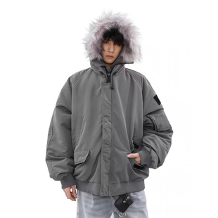 冬季毛领工装港风连帽男女同款加厚保暖防寒棉服外套派克棉袄洋气