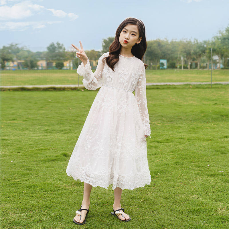 女童连衣裙夏款中大童韩版洋气森系田园学院风儿童长款白色裙子