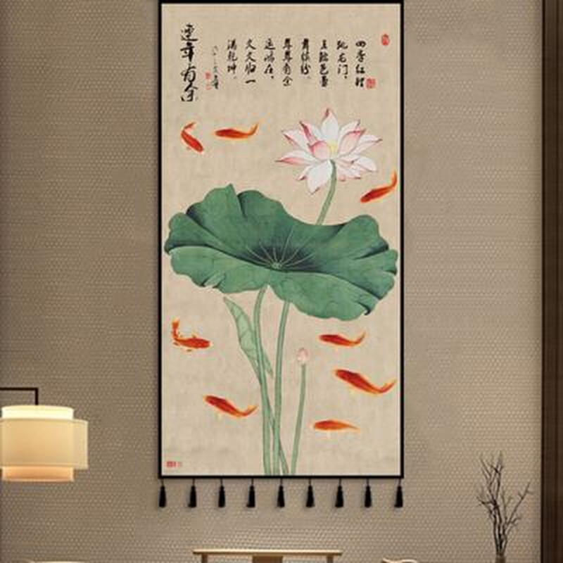 中式荷花布艺挂画挂布背景布中国风禅意挂毯墙上卧室客厅玄关装饰图片