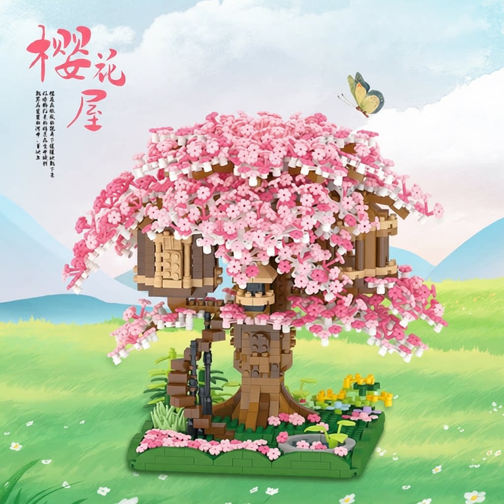 联合创想六一儿童节玩具樱花树微颗粒拼装积木玩具女孩子礼品