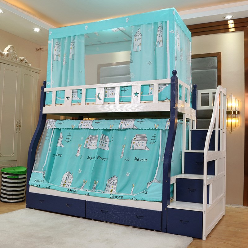 子母床蚊帐上下铺防尘家用遮光床帘床幔双层高伸缩高低床梯形书架