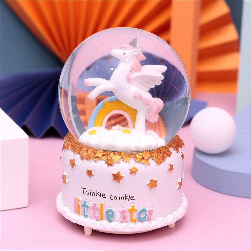 创意学生家居摆件月亮魔幻白色马水晶球 旋转带灯雪花水球音乐盒