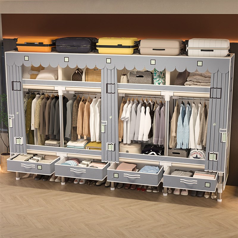 22管抽屉布衣柜全钢架加粗加厚家用卧室出租房用简易衣柜结实耐