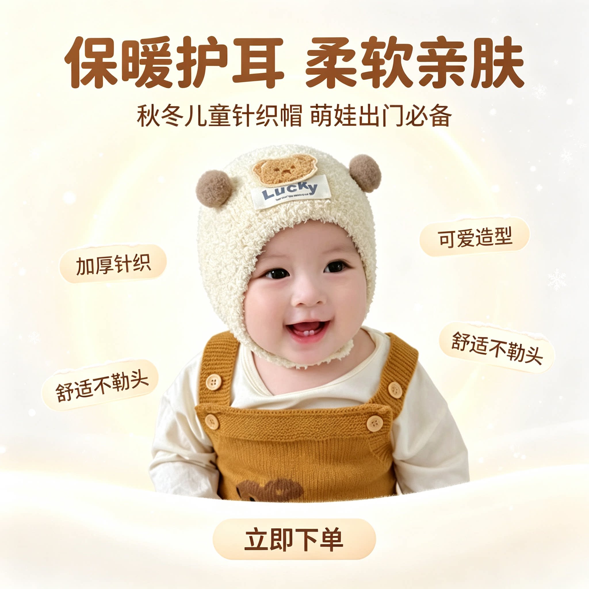 秋冬韩版可爱球球婴儿护耳针织帽