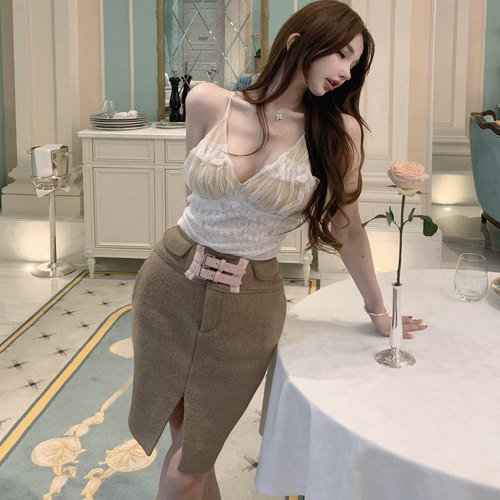 bewithRosey【巴黎画刊】双色75%羊毛秋冬定制皮带拼接呢鱼尾半裙