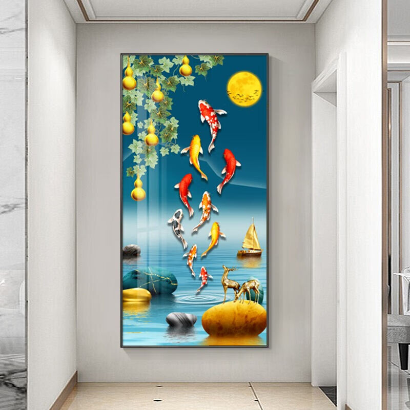 饰晴画意九鱼图玄关装饰画新中式玄关画走廊壁画过道挂画现代竖版