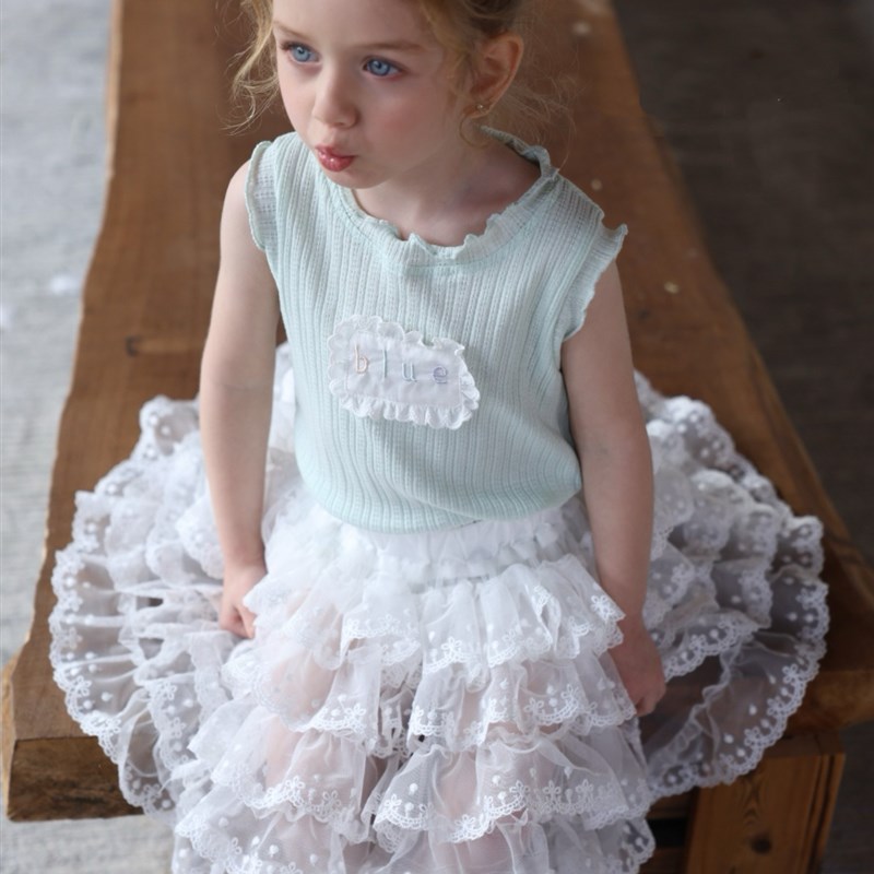 凡妈童装25夏季新款女童小童韩版刺绣贴布背心蕾丝花边蛋糕裙半裙