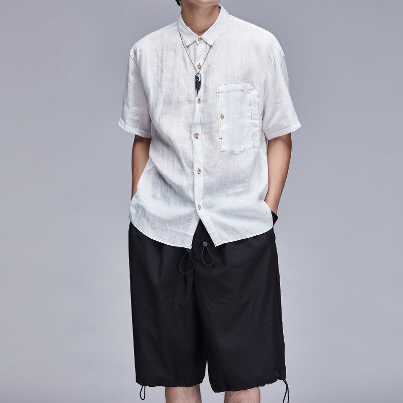 高品质 亚麻面料夏季新款英伦车线五分袖短袖麻透气复古腔调衬衫