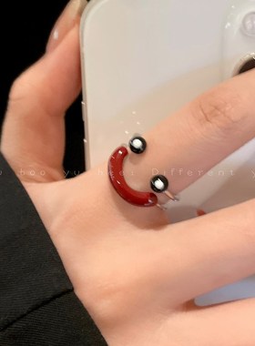 丑萌可爱笑脸开口戒指女小众设计感食指戒童趣个性稀奇古怪的指环