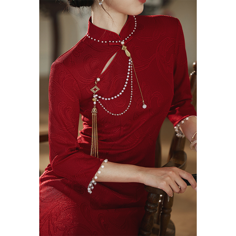 红色旗袍敬酒服新娘2025新款秋冬季长袖高级感结婚订婚礼服鱼尾裙